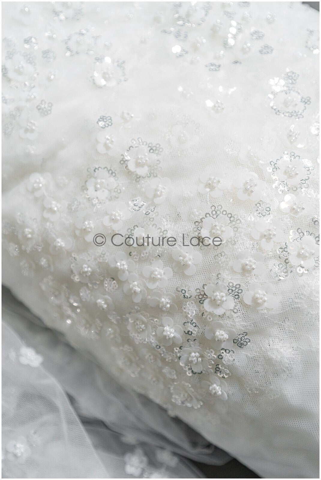 Floral pearl lace fabric off-white silver/ Bridal lace fabric with pearls & sequins/ Bridal lace with flowers// L22-451
