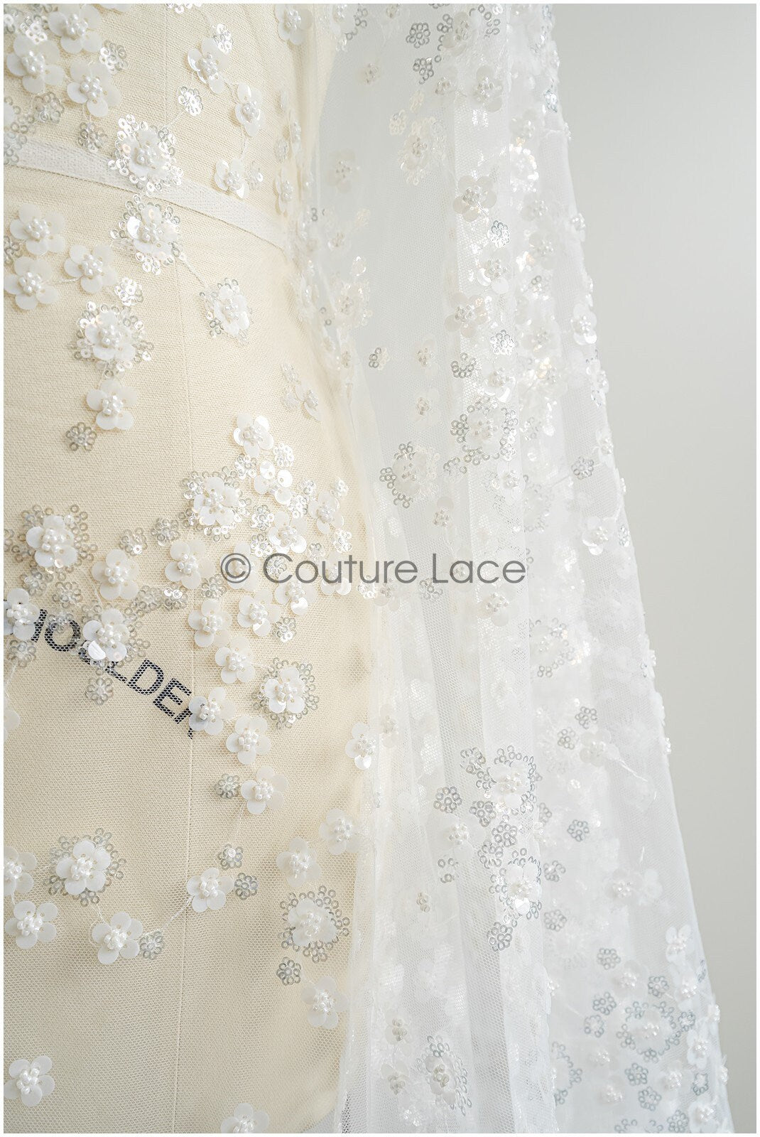 Floral pearl lace fabric off-white silver/ Bridal lace fabric with pearls & sequins/ Bridal lace with flowers// L22-451