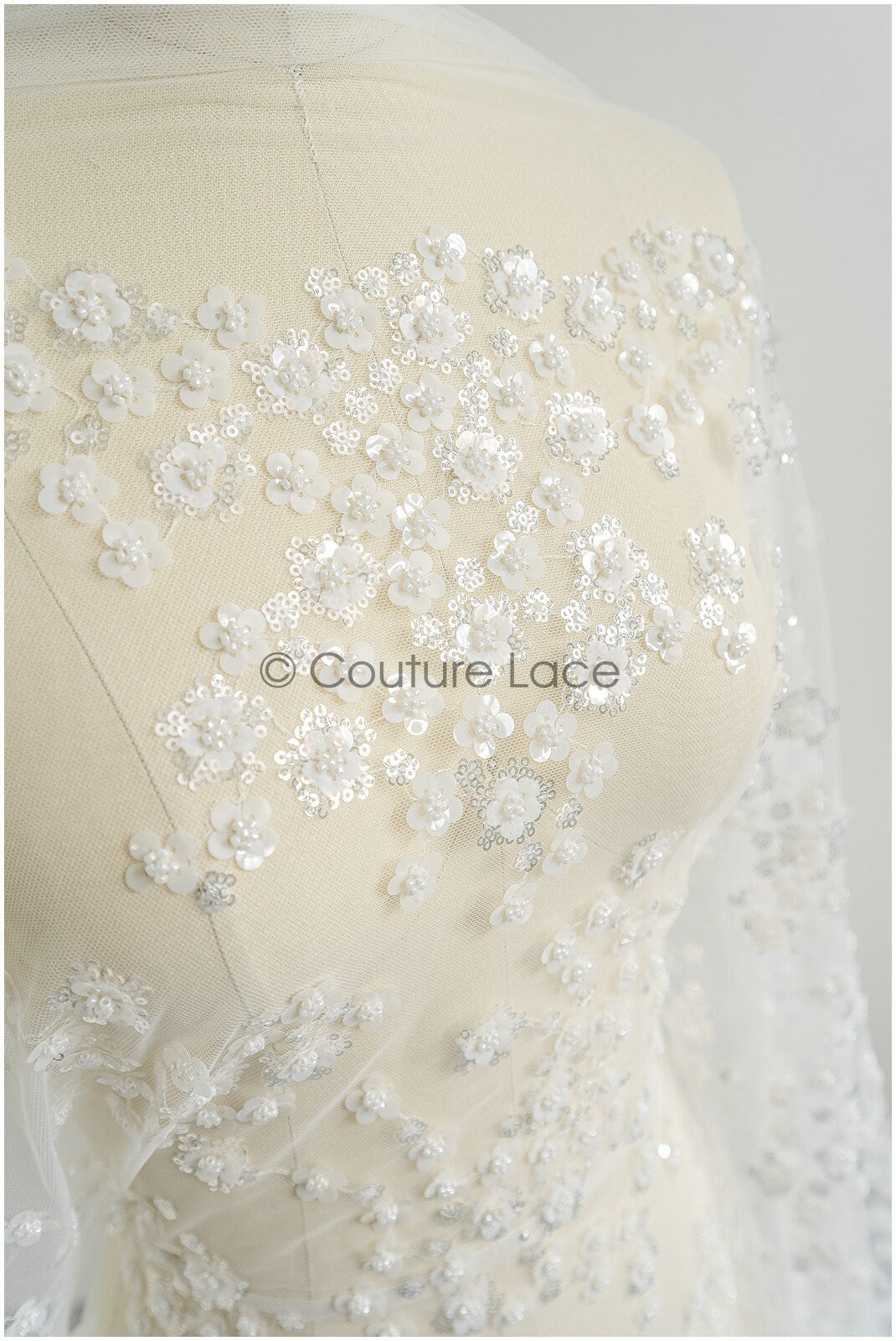 Floral pearl lace fabric off-white silver/ Bridal lace fabric with pearls & sequins/ Bridal lace with flowers// L22-451