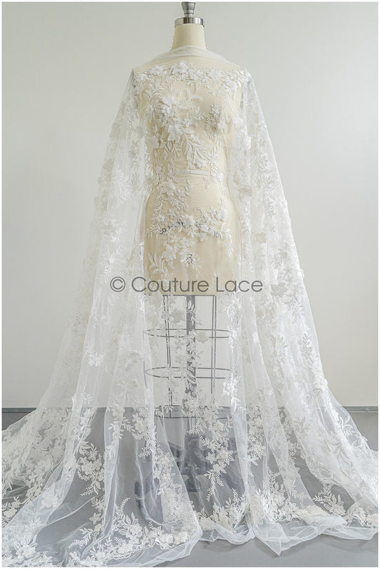 Wunderschöner 3D Blumen Spitzenstoff Off-White/ Braut Couture Spitzenstoff/ 3D Brautspitze mit Ästen & Blättern// L22-452