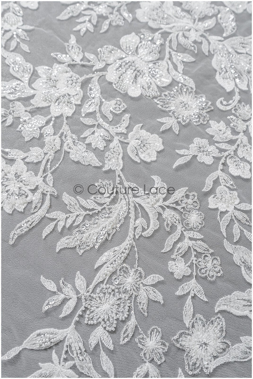 Floral lace fabric with pearls & sequins/ Bridal lace off-white/ Bridal lace with pearl flowers// L22-457