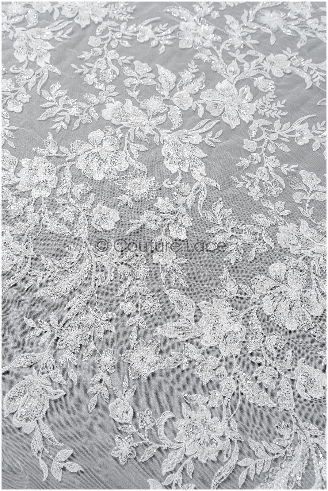 Floral lace fabric with pearls & sequins/ Bridal lace off-white/ Bridal lace with pearl flowers// L22-457