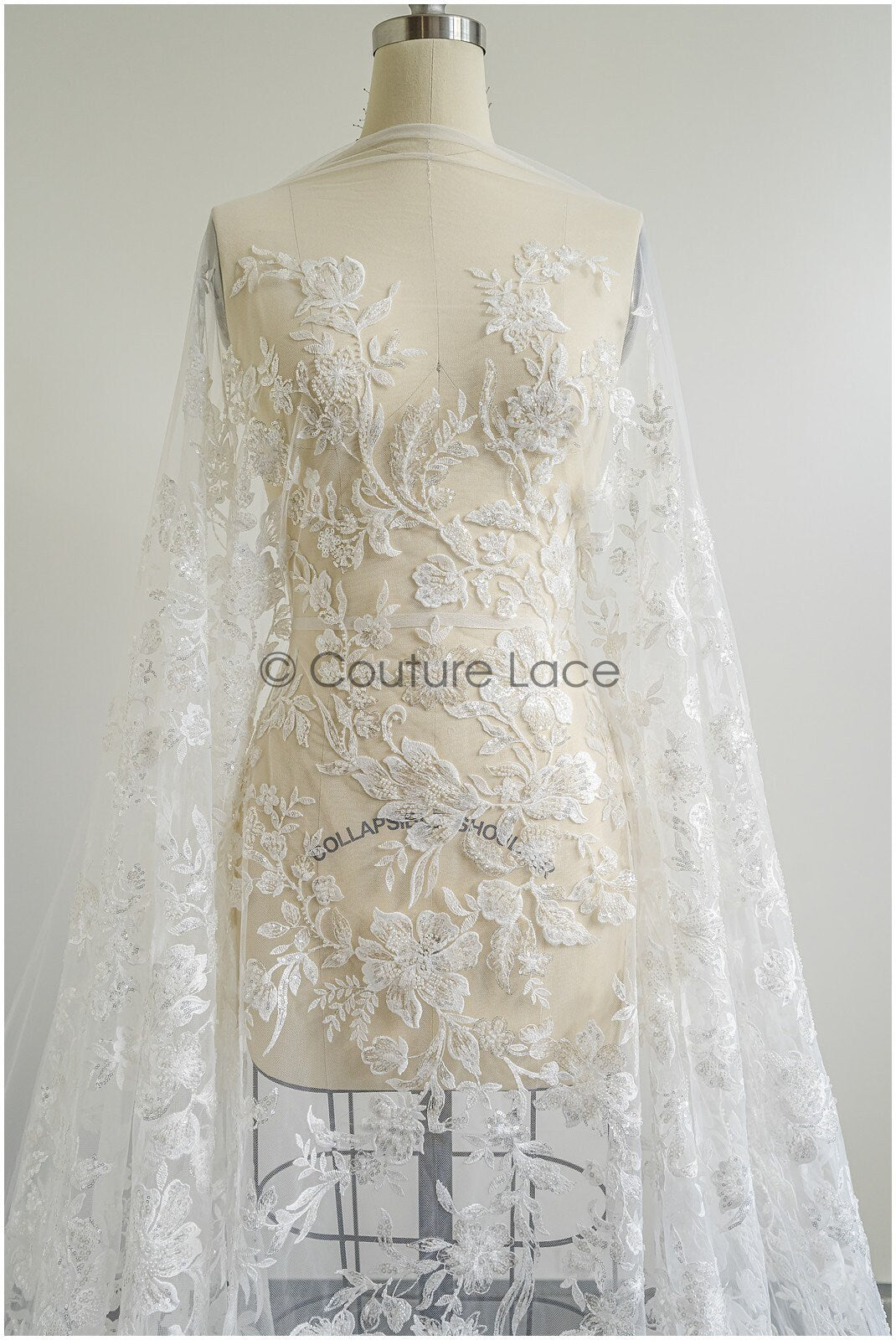 Floral lace fabric with pearls & sequins/ Bridal lace off-white/ Bridal lace with pearl flowers// L22-457