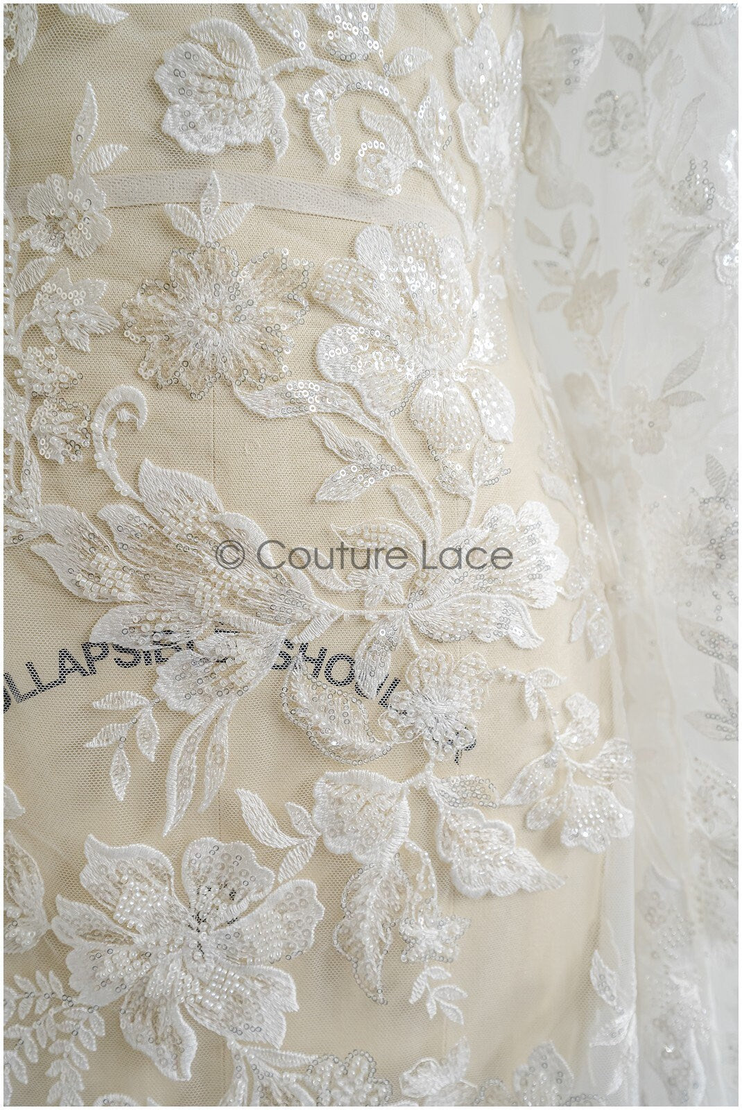 Floral lace fabric with pearls & sequins/ Bridal lace off-white/ Bridal lace with pearl flowers// L22-457