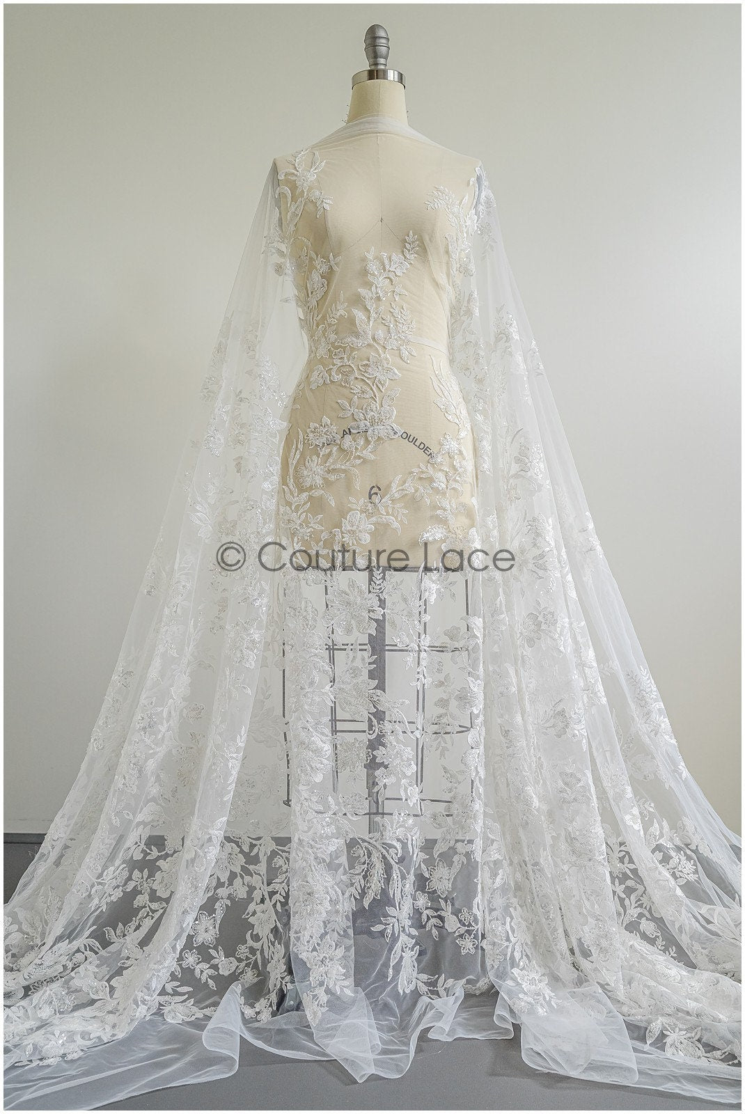 Floral lace fabric with pearls & sequins/ Bridal lace off-white/ Bridal lace with pearl flowers// L22-457