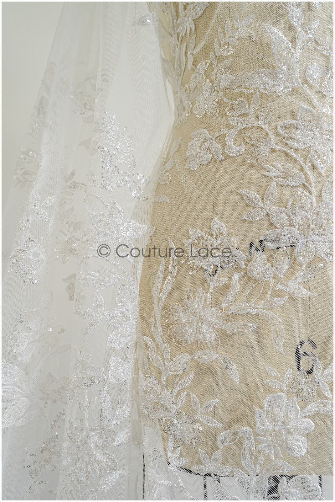 Floral lace fabric with pearls & sequins/ Bridal lace off-white/ Bridal lace with pearl flowers// L22-457