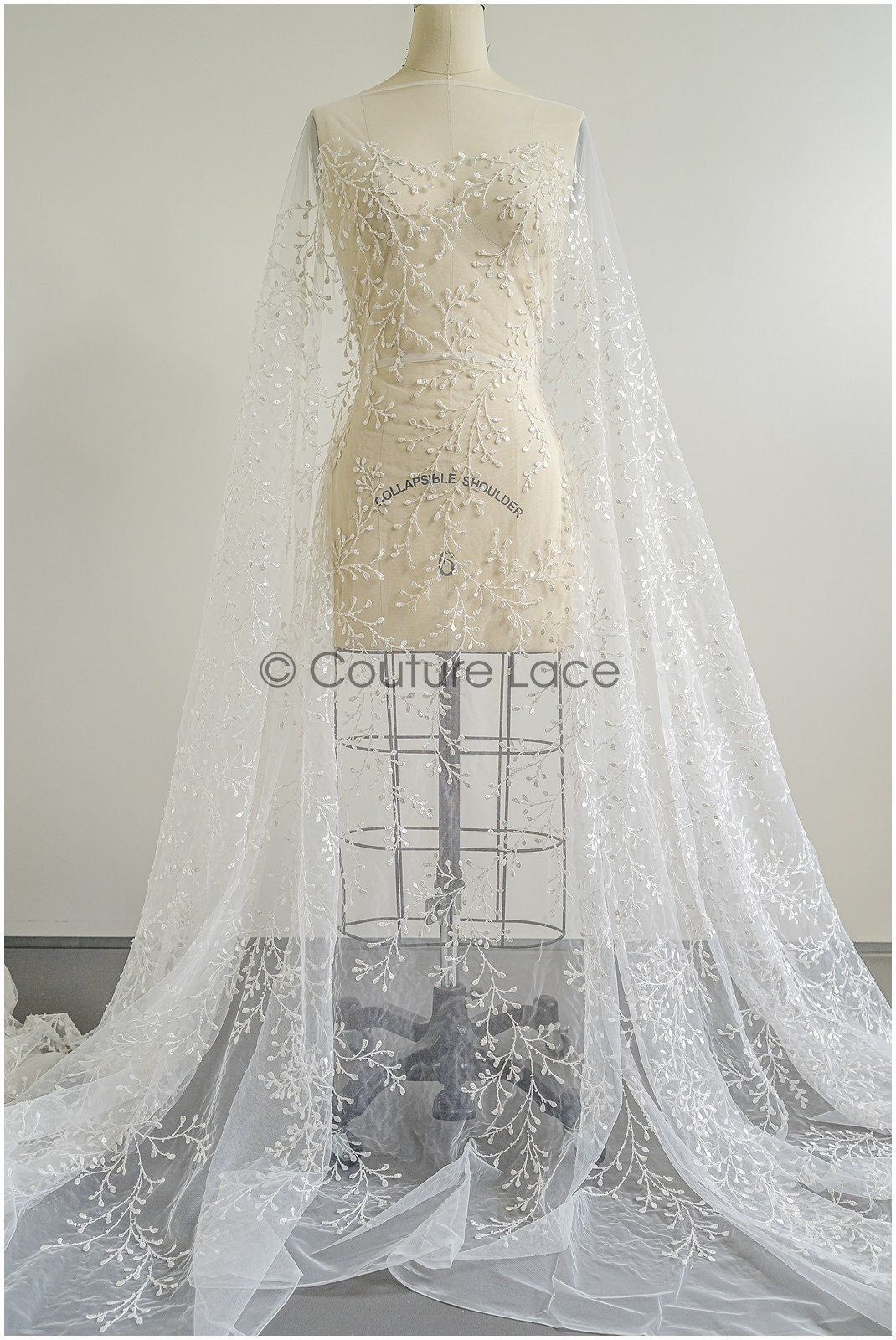 Floral lace fabric with sequins/ Couture lace fabric off-white/ delicate lace fabric with branches// L22-462
