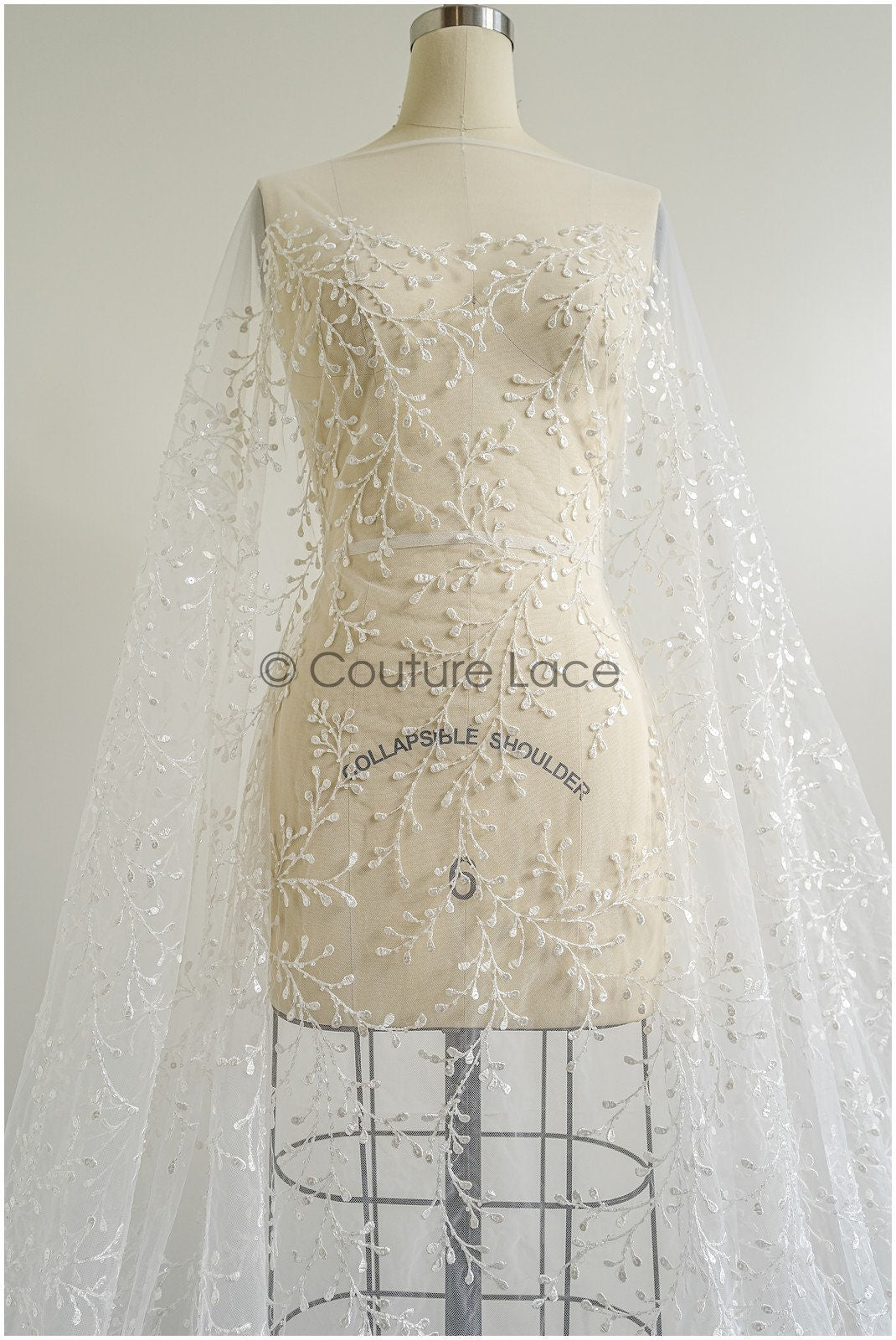 Floral lace fabric with sequins/ Couture lace fabric off-white/ delicate lace fabric with branches// L22-462