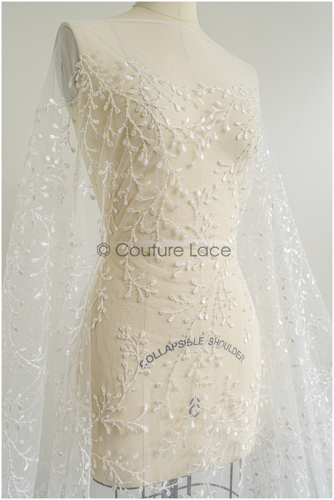 Floral lace fabric with sequins/ Couture lace fabric off-white/ delicate lace fabric with branches// L22-462