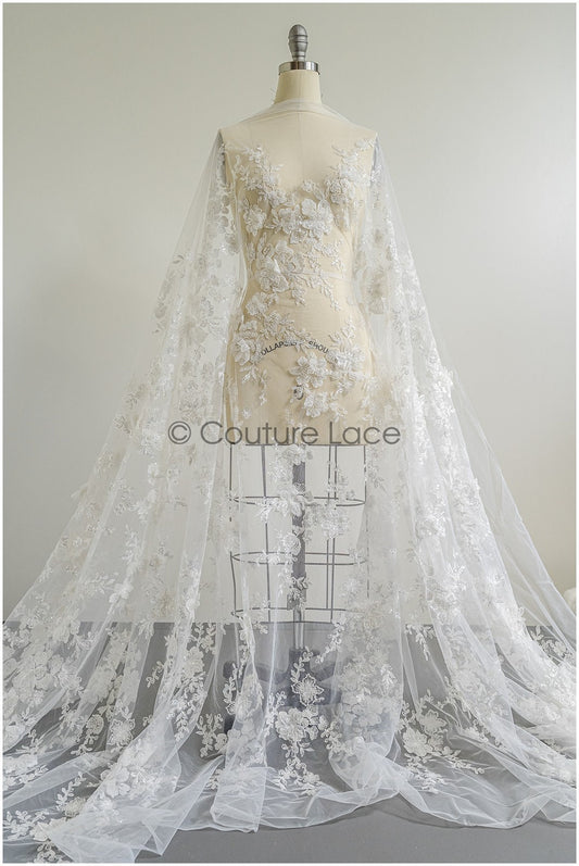 Wunderschöner 3D Blumen Spitzenstoff/ Braut Couture Spitzenstoff/ Spitzenstoff mit Perlen/ Brautspitze mit Ästen & Blättern// L22-460