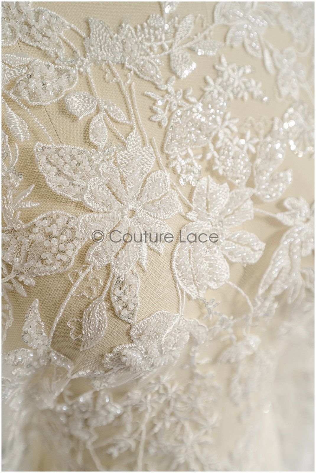 Wildflower lace fabric off-white/ Bridal couture lace fabric with pearls & sequins/ Bridal lace with branches & leaves// L22-485