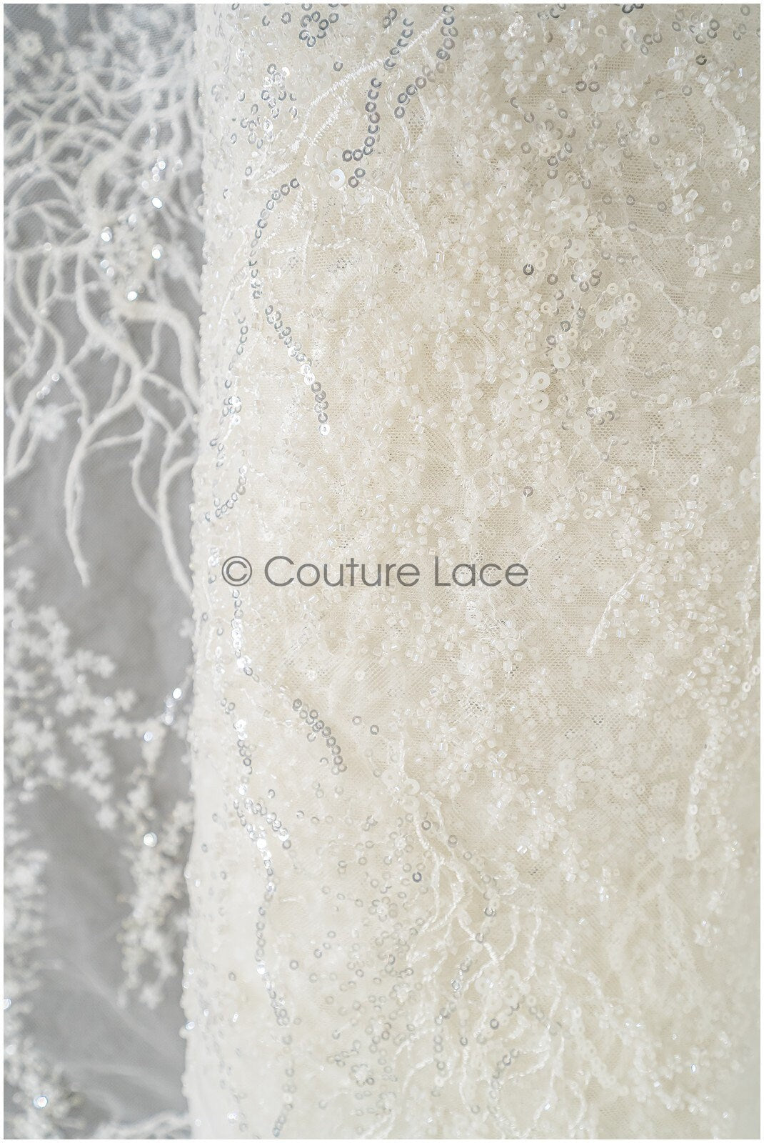 Perlen Spitzenstoff mit kleinen Blättern/ Couture Spitzenstoff mit Perlen & Pailletten/ L22-487-REST-1.3YDS