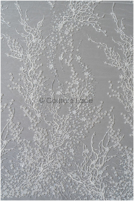 Perlen Spitzenstoff mit kleinen Blättern/ Couture Spitzenstoff mit Perlen & Pailletten/ L22-487-REST-1.3YDS