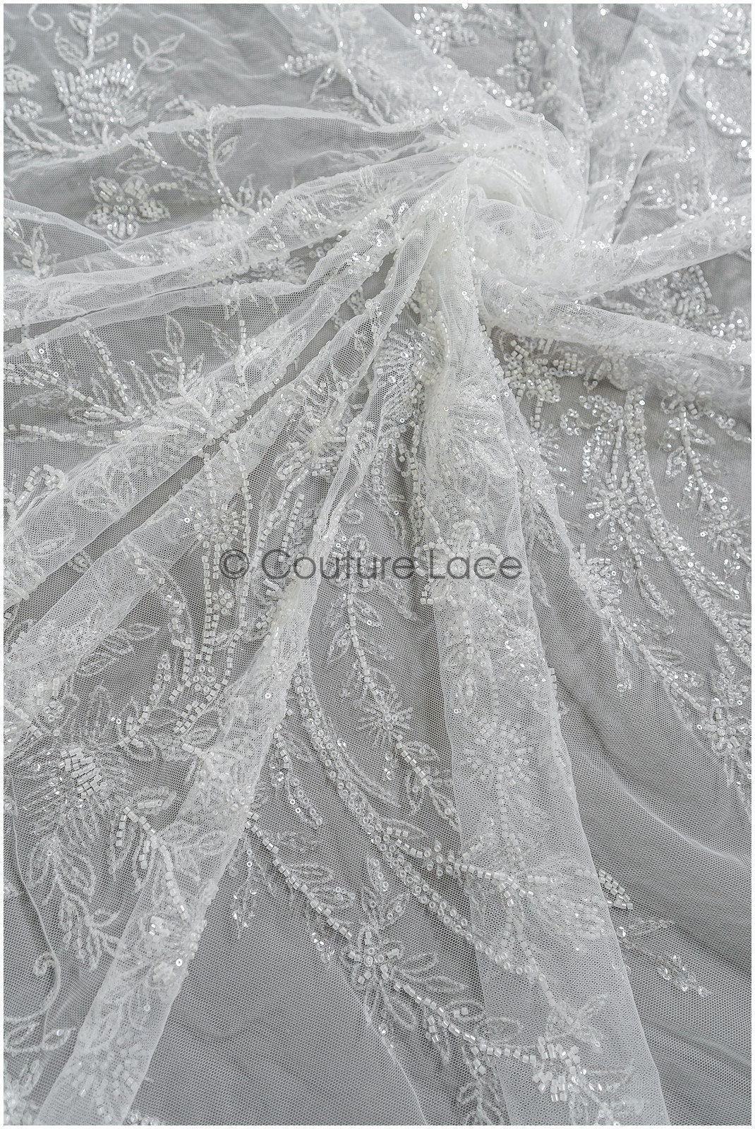 Perlen Spitzenstoff Off-White/ Couture Spitzenstoff mit Perlen & Pailletten/ Braut florale Spitze// L22-468