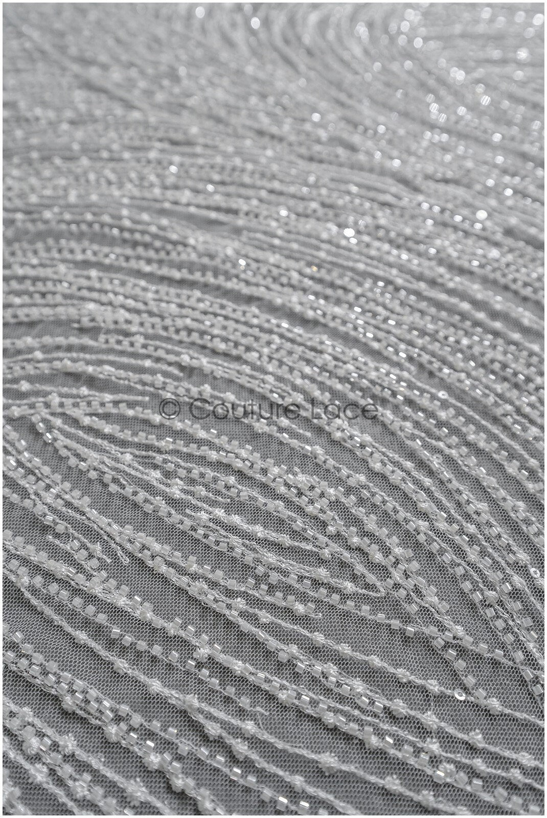 Heavy lace fabric with lines/ Couture lace fabric with beads & sequins/ Couture lace fabric off-white// L22-472