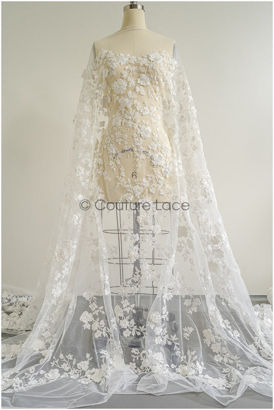 Wunderschöner 3D Blumen Spitzenstoff/ Braut Couture Spitzenstoff Off-White/ 3D Brautspitze mit Perlen/ Brautspitze// L22-471