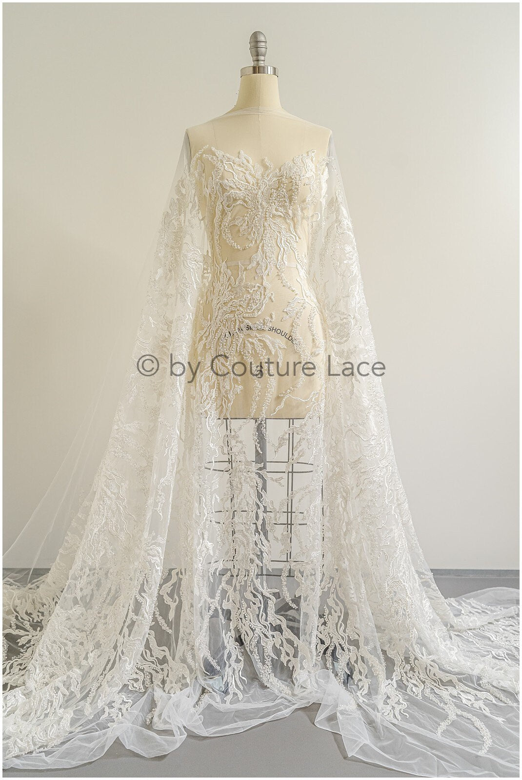 Heavy lace fabric with lines/ Couture lace fabric with beads & sequins/ Couture lace fabric/ Bridal lace// L22-491