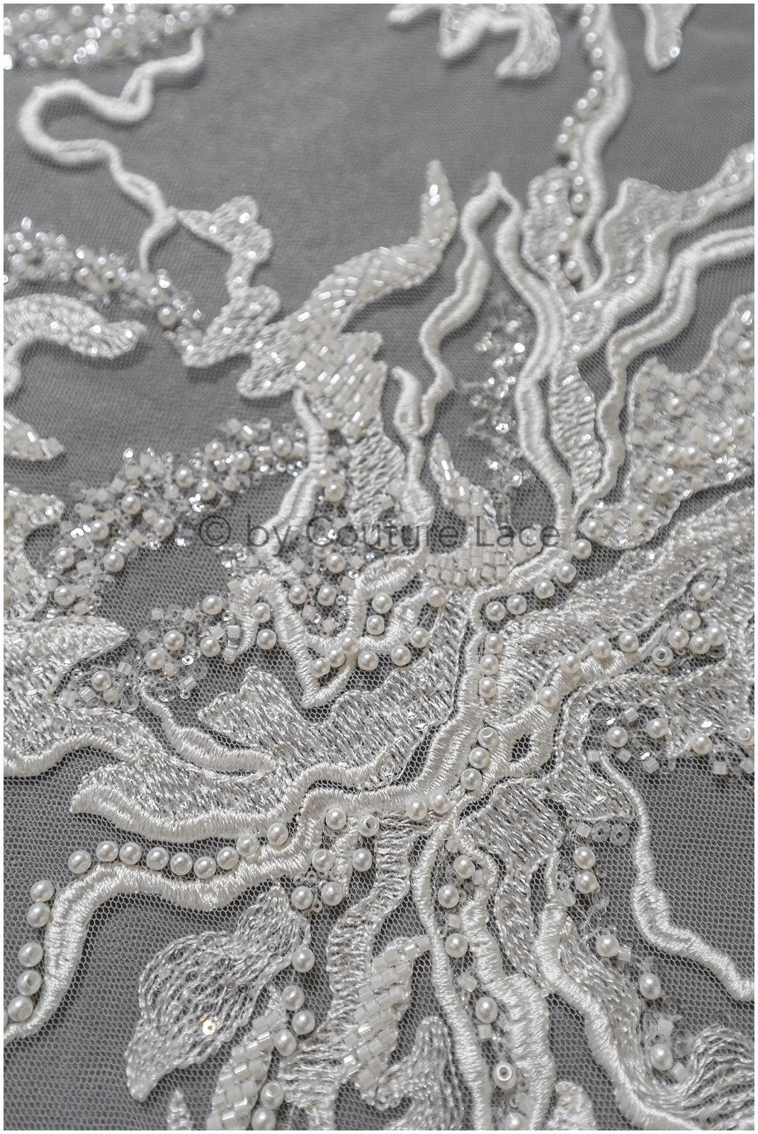 Heavy lace fabric with lines/ Couture lace fabric with beads & sequins/ Couture lace fabric/ Bridal lace// L22-491