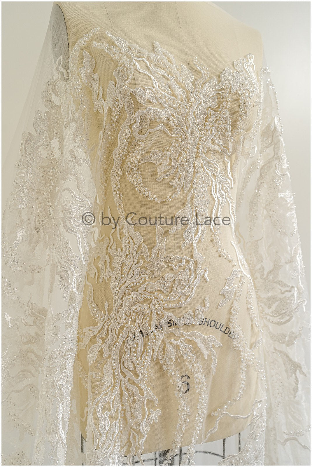 Heavy lace fabric with lines/ Couture lace fabric with beads & sequins/ Couture lace fabric/ Bridal lace// L22-491