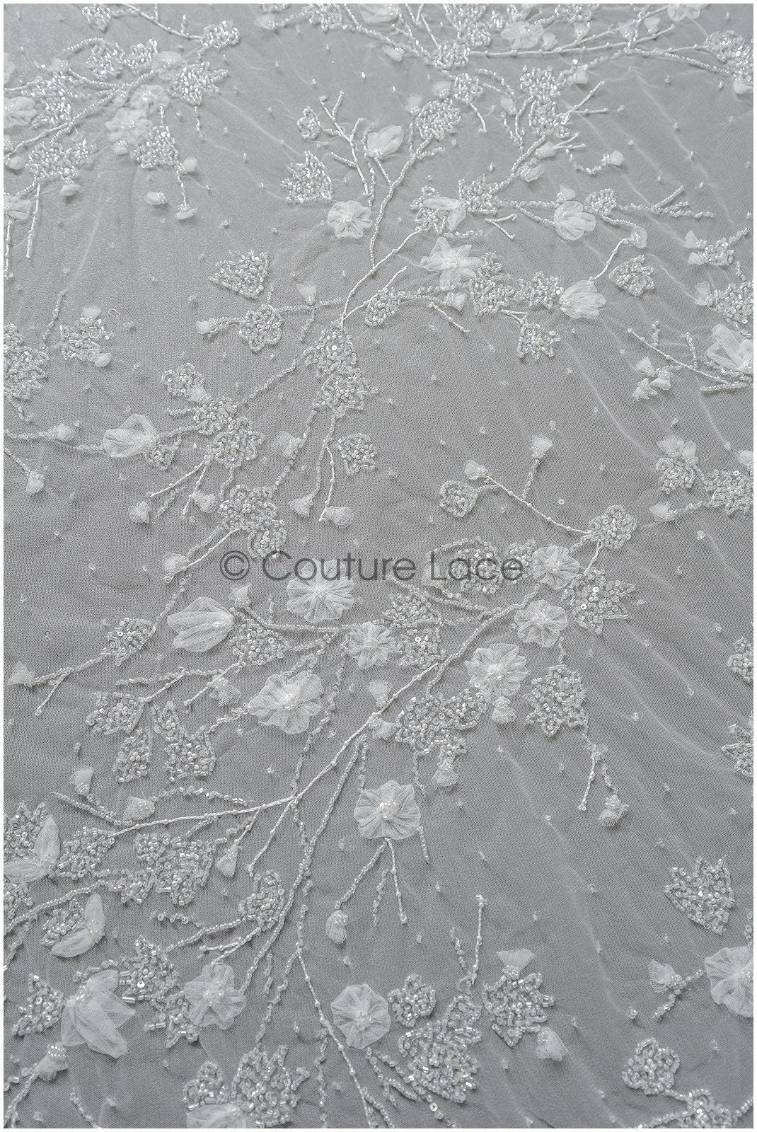 3D flower lace fabric/ pearl bridal fabric/ romantic flower lace fabric with 3D flowers/ wedding lace fabric // L22-476