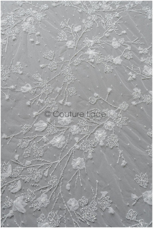 3D Blumen Spitzenstoff/ Perlen Braut Stoff/ romantischer Blumen Spitzenstoff mit 3D Blumen/ Hochzeit Spitzenstoff // L22-476