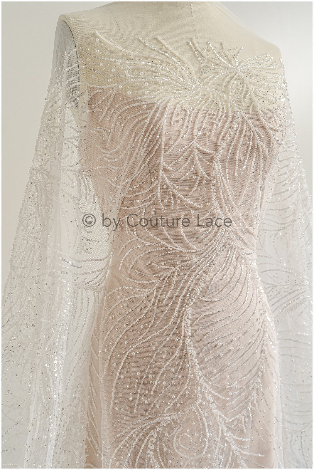 Perlen Spitzenstoff Off-White Silber/ Couture Spitzenstoff mit Perlen/ Braut Spitzenstoff/ Spitze für Brautkleid// L22-496