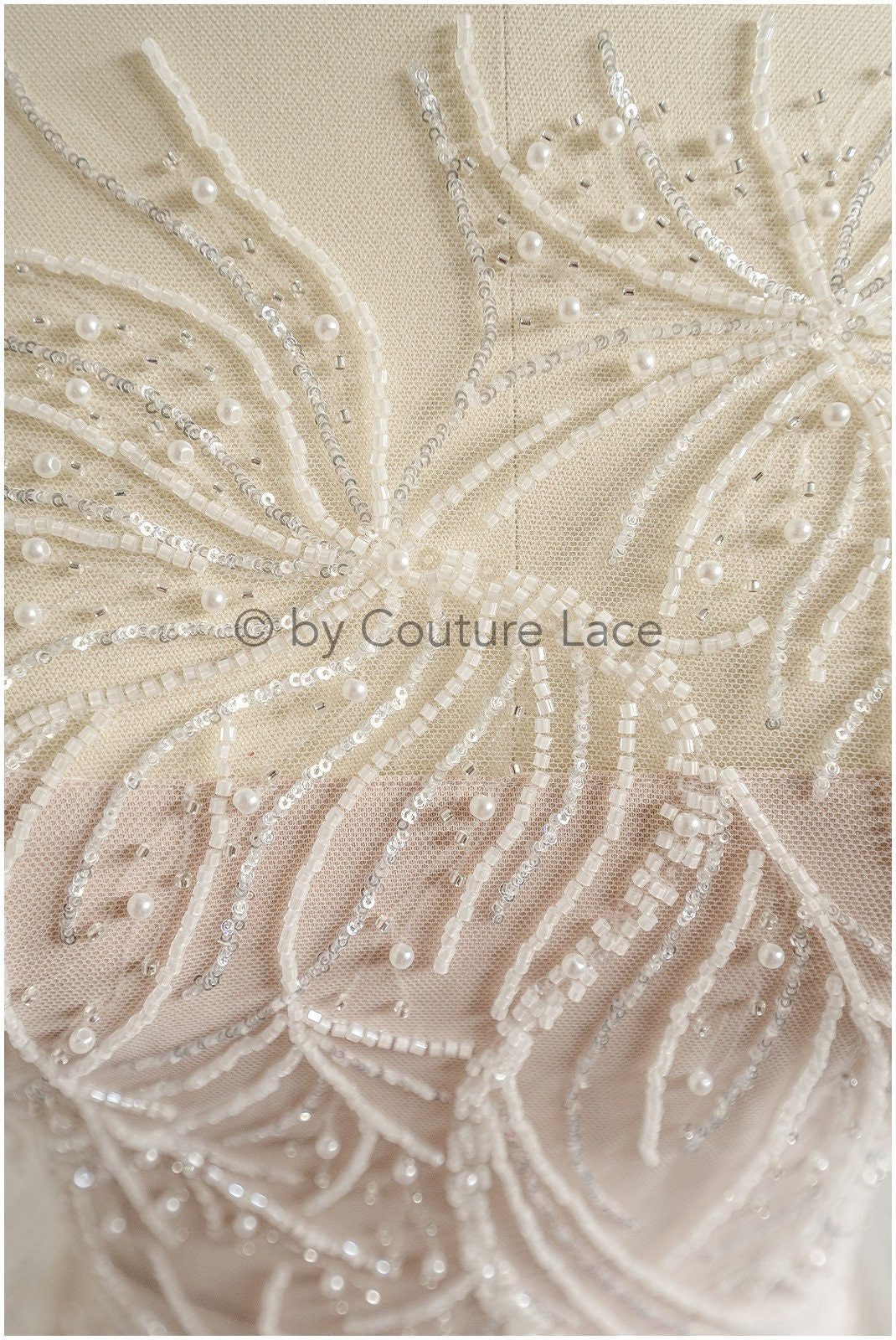 Perlen Spitzenstoff Off-White Silber/ Couture Spitzenstoff mit Perlen/ Braut Spitzenstoff/ Spitze für Brautkleid// L22-496