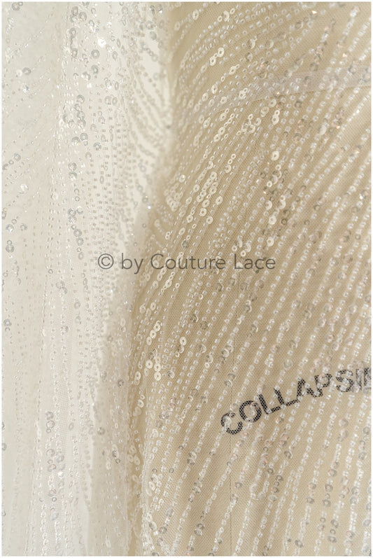 Glitter pearls lace fabric with lines/ Couture lace fabric with pearls/ Couture lace fabric/ Bridal lace// L22-142B