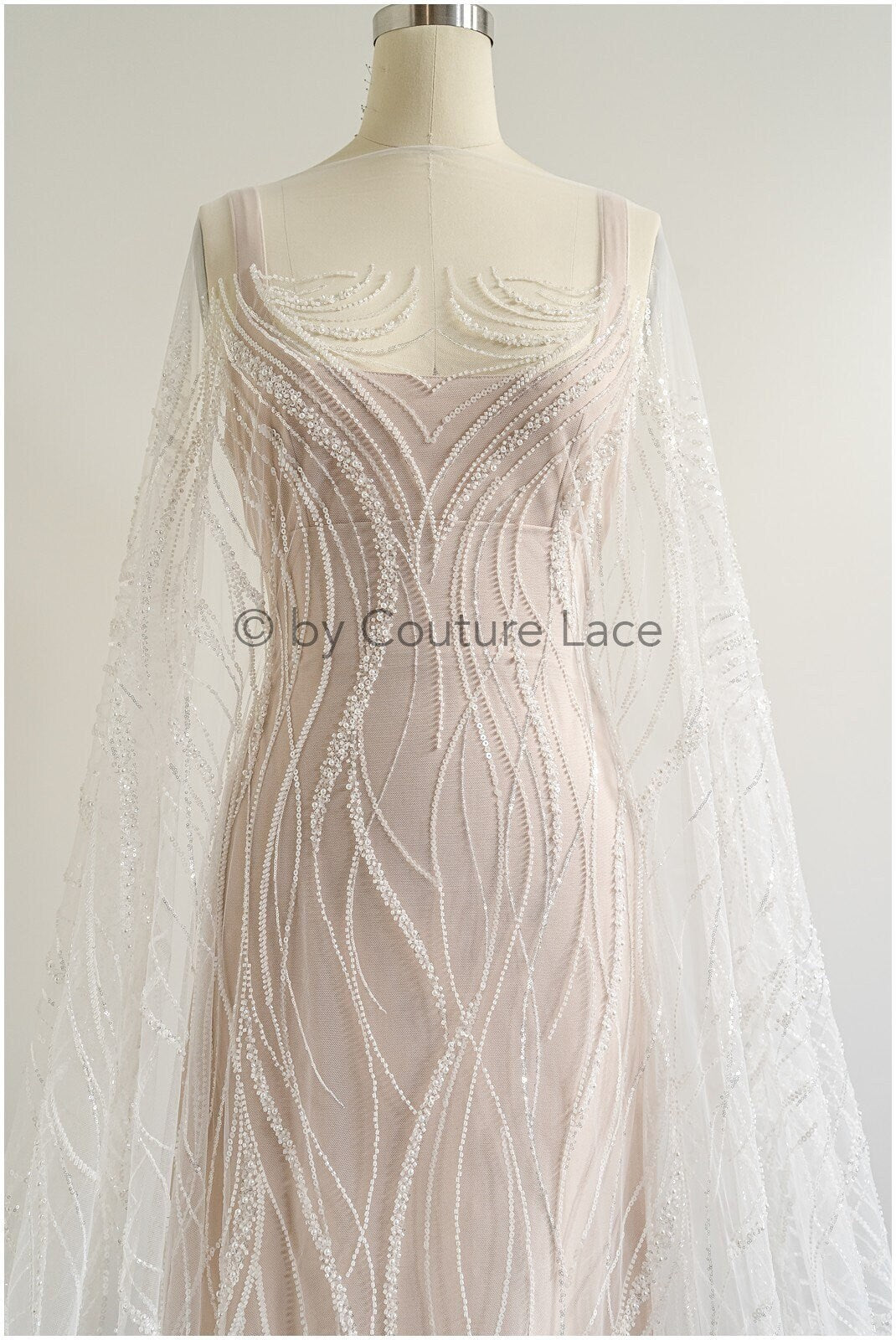 1.5yds Glitter Beaded Lace Fabric with Lines/ Couture Lace Fabric with Beads/ Couture Lace Fabric Off-White// L22-499 (Copy)