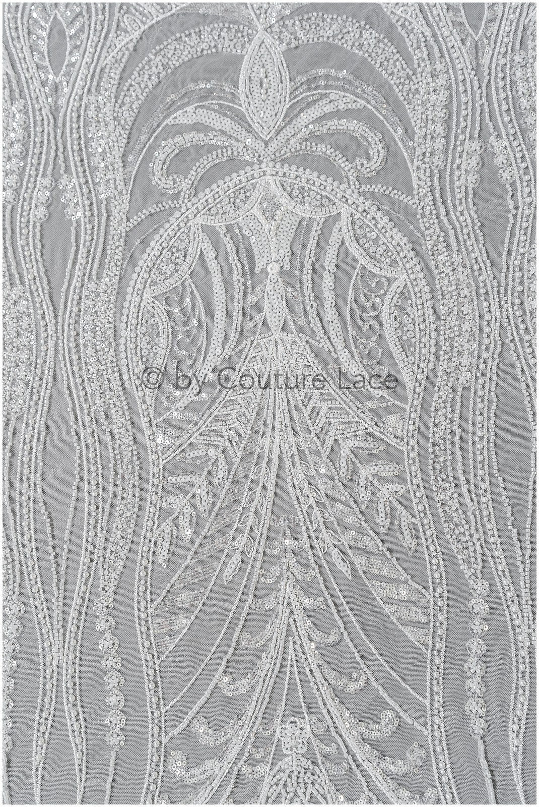 Glitzerperlen Spitzenstoff mit Linien/ Couture Spitzenstoff mit Perlen/ Pallas Couture Spitzenstoff/ Brautspitze// L22-504
