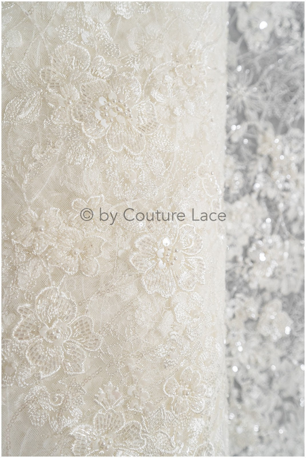 Schwerer Perlen Spitzenstoff Off-White/ Couture Spitzenstoff mit Blumen/ Braut Designer Spitze// L22-505