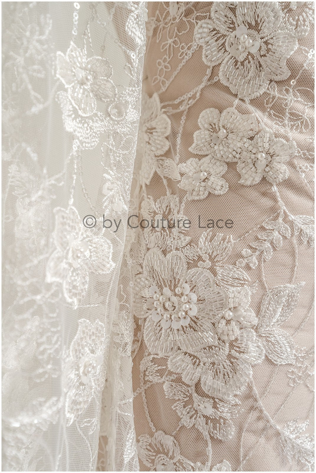 Schwerer Perlen Spitzenstoff Off-White/ Couture Spitzenstoff mit Blumen/ Braut Designer Spitze// L22-505