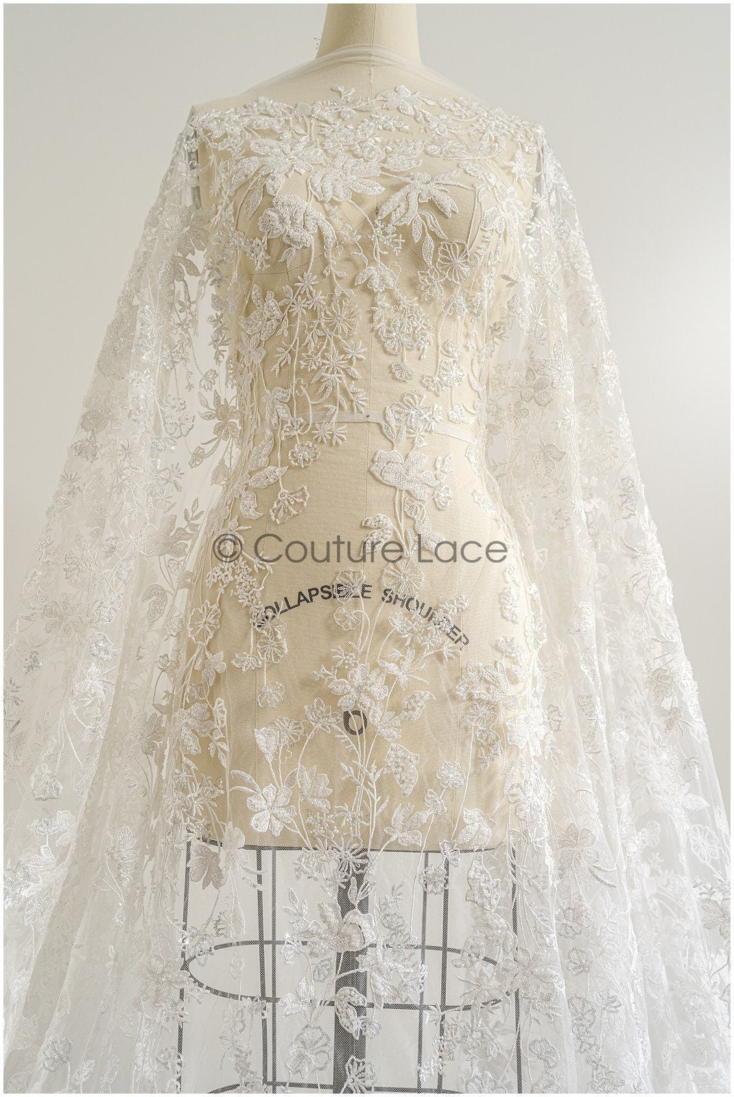 Wildflower lace fabric off-white/ Bridal couture lace fabric with pearls & sequins/ Bridal lace with branches & leaves// L22-485