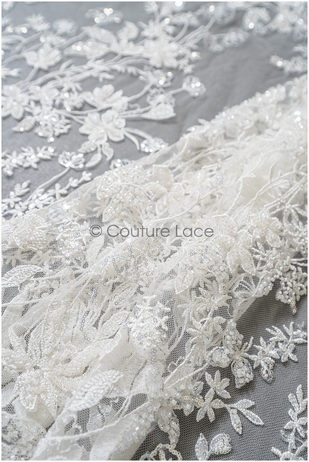 Wildflower lace fabric off-white/ Bridal couture lace fabric with pearls & sequins/ Bridal lace with branches & leaves// L22-485