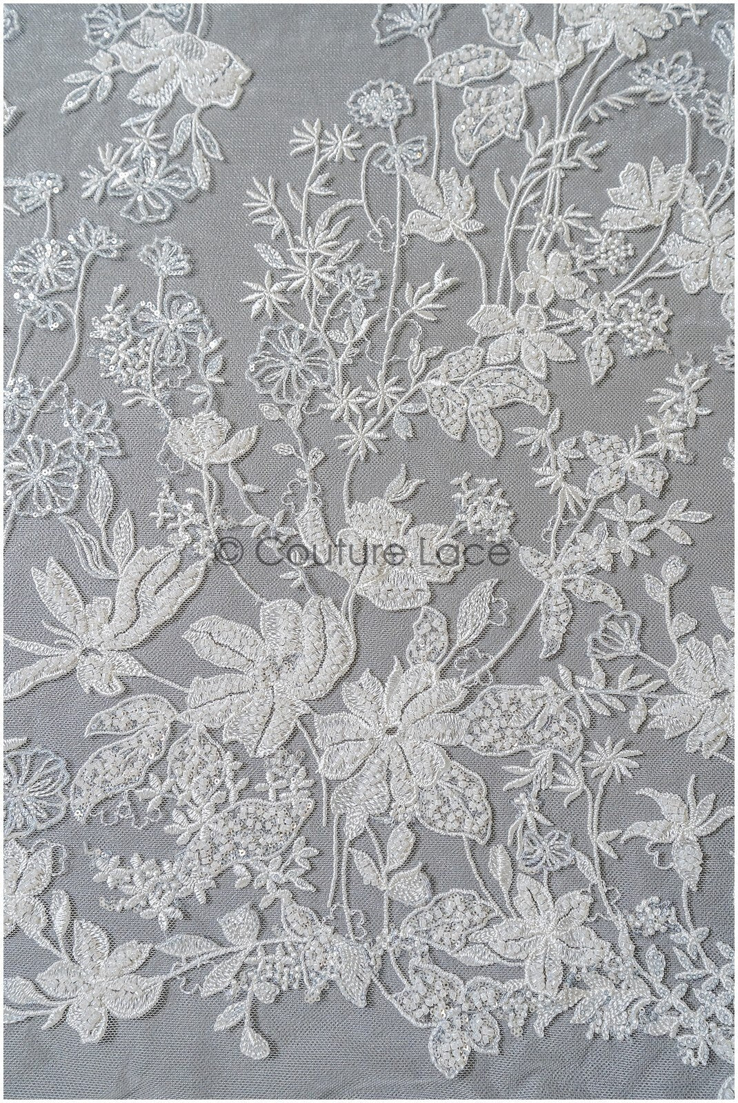 Wildflower lace fabric off-white/ Bridal couture lace fabric with pearls & sequins/ Bridal lace with branches & leaves// L22-485