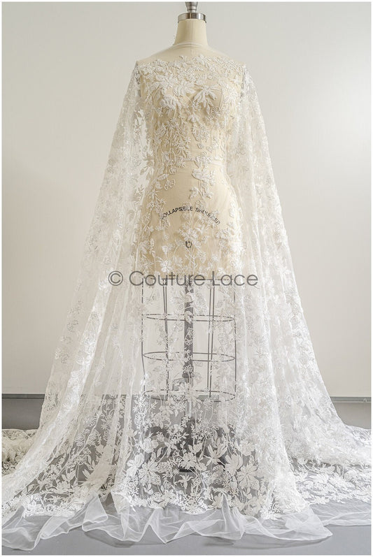 Wildblumen Spitzenstoff Off-White/ Braut Couture Spitzenstoff mit Perlen & Pailletten/ Brautspitze mit Ästen & Blättern// L22-485