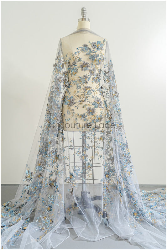 Wunderschöner blau gelber Spitzenstoff mit Blumen, Couture Spitzenstoff mit Perlen und Pailletten, blau goldfarbener Spitzenstoff// L22-483