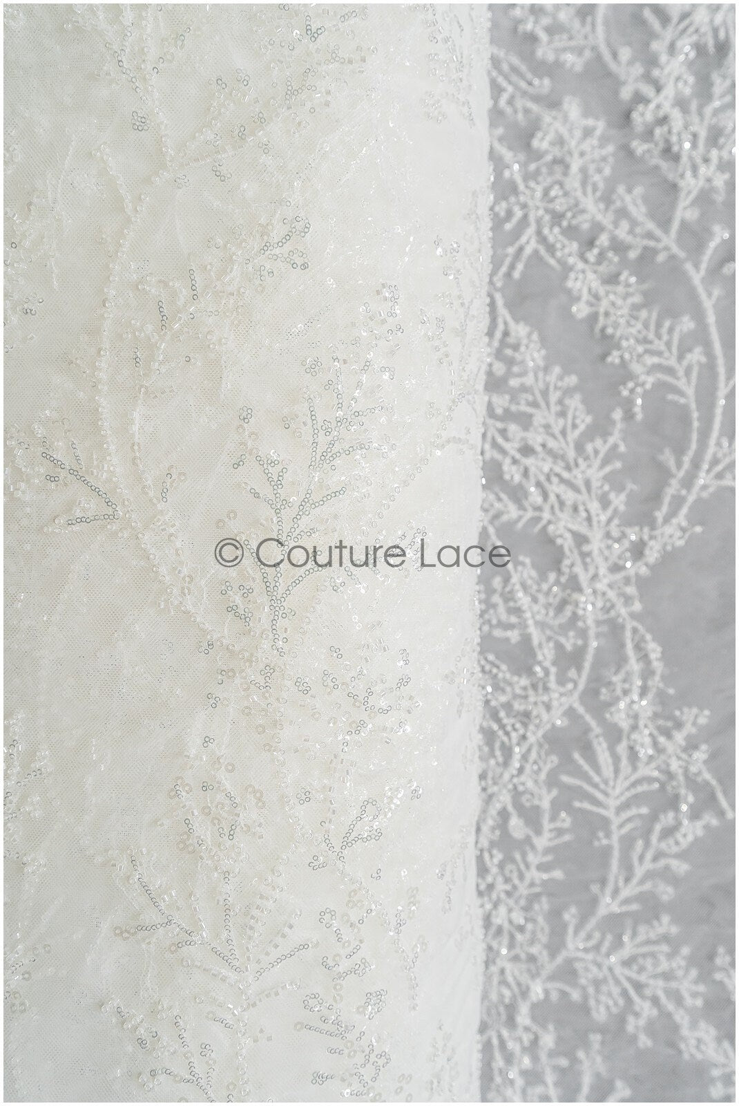 Wunderschöner Perlen Spitzenstoff mit feinen Blättern/ Couture Spitzenstoff mit Perlen & Pailletten/ Brautspitze Off-White// L22-469