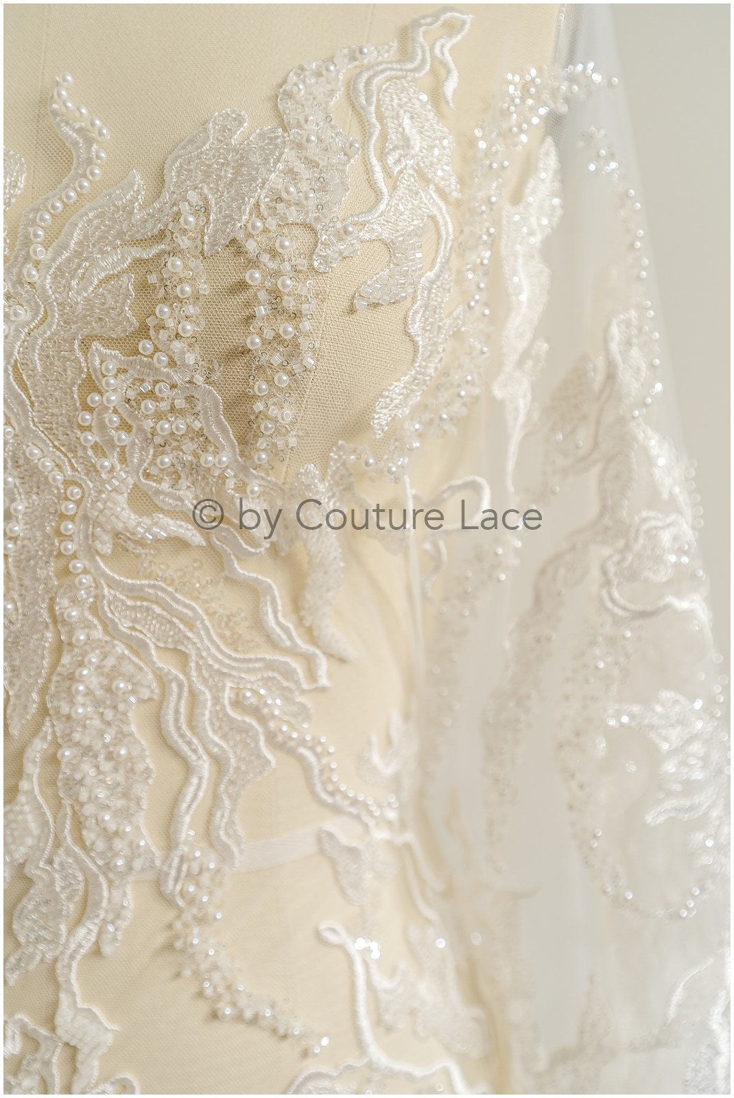 Heavy lace fabric with lines/ Couture lace fabric with beads & sequins/ Couture lace fabric/ Bridal lace// L22-491