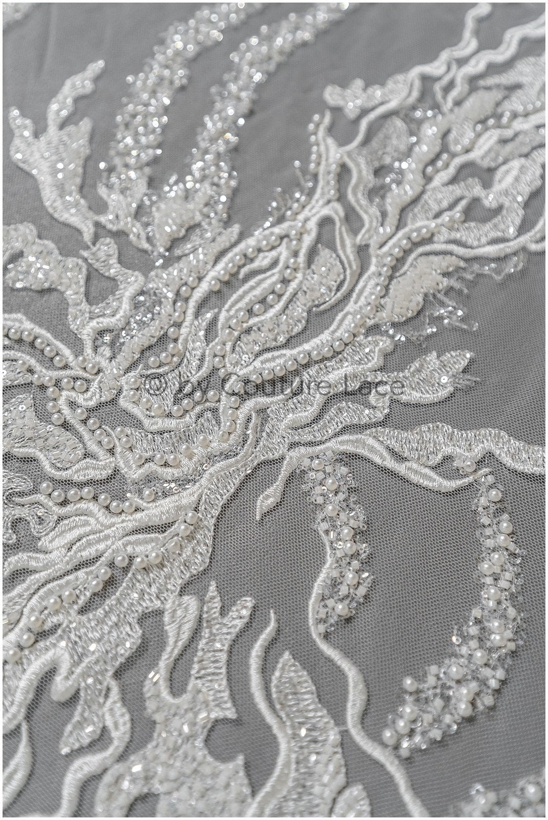 Heavy lace fabric with lines/ Couture lace fabric with beads & sequins/ Couture lace fabric/ Bridal lace// L22-491
