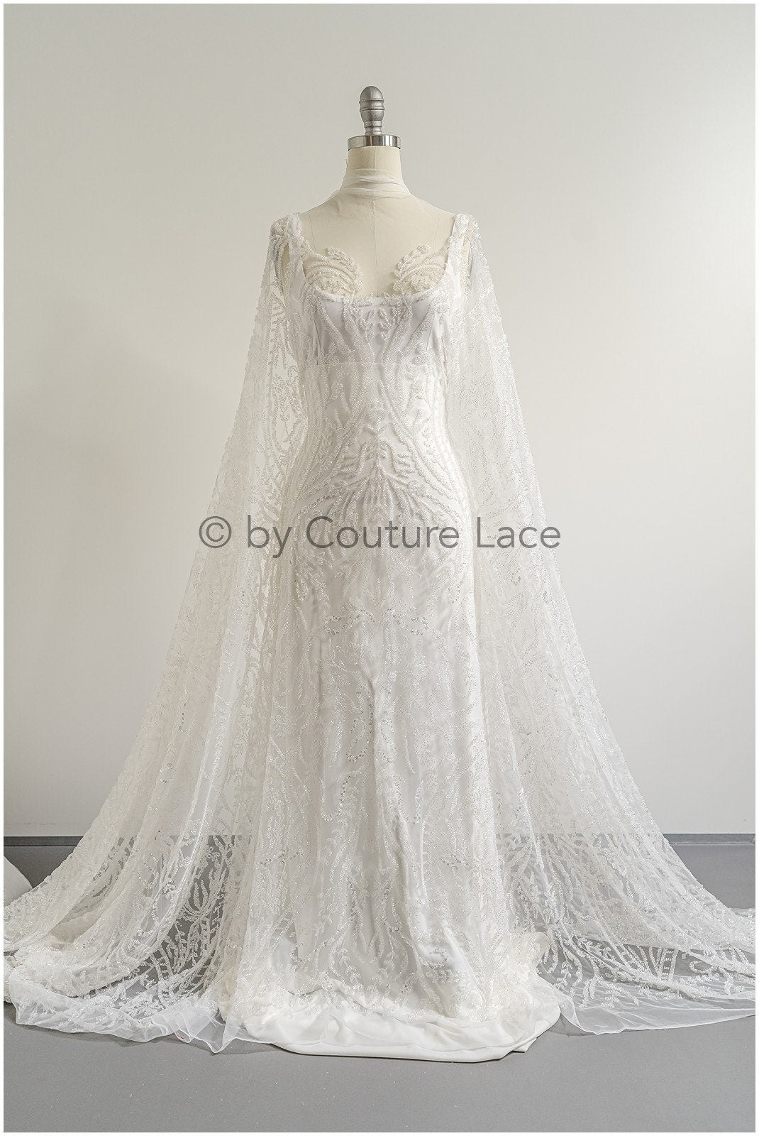 Schwerer Braut Spitzenstoff mit verschnörkelten Muster/ Perlenspitze Off-White/ Couture Spitzenstoff/ Brautspitze// L22-495