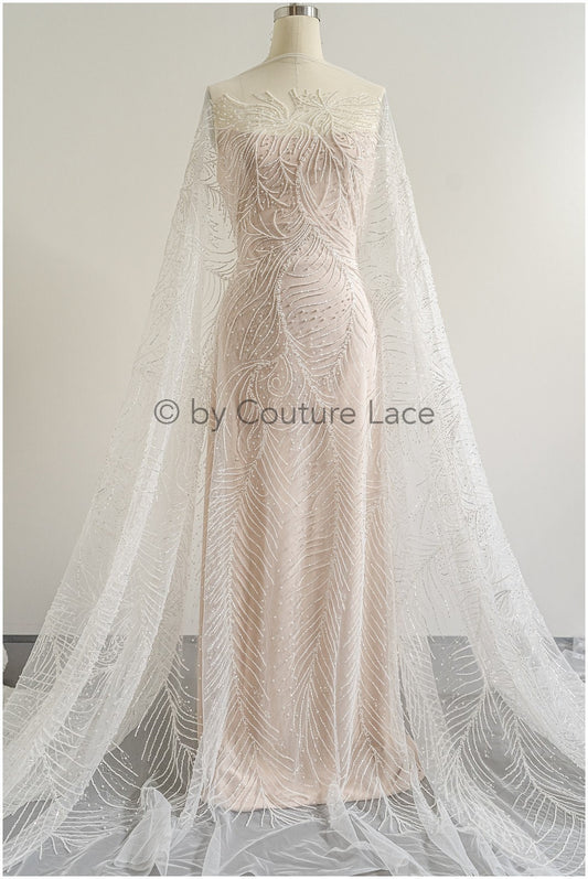 Perlen Spitzenstoff Off-White Silber/ Couture Spitzenstoff mit Perlen/ Braut Spitzenstoff/ Spitze für Brautkleid// L22-496