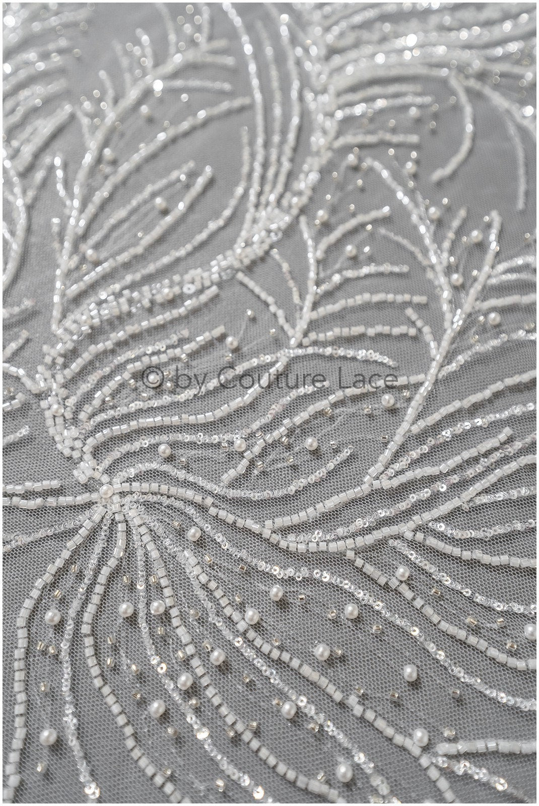 Perlen Spitzenstoff Off-White Silber/ Couture Spitzenstoff mit Perlen/ Braut Spitzenstoff/ Spitze für Brautkleid// L22-496