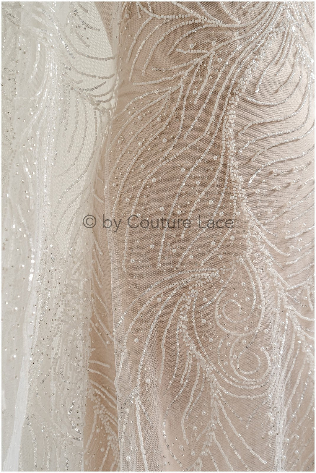 Perlen Spitzenstoff Off-White Silber/ Couture Spitzenstoff mit Perlen/ Braut Spitzenstoff/ Spitze für Brautkleid// L22-496
