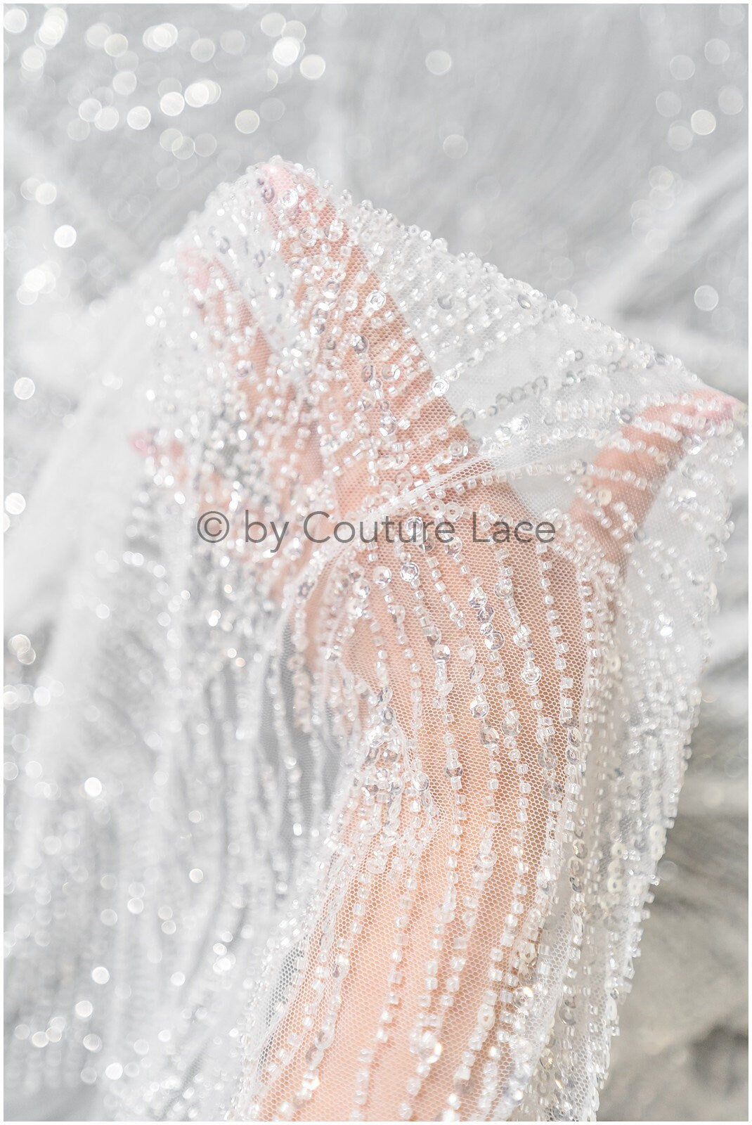 Glitter pearls lace fabric with lines/ Couture lace fabric with pearls/ Couture lace fabric/ Bridal lace// L22-142B