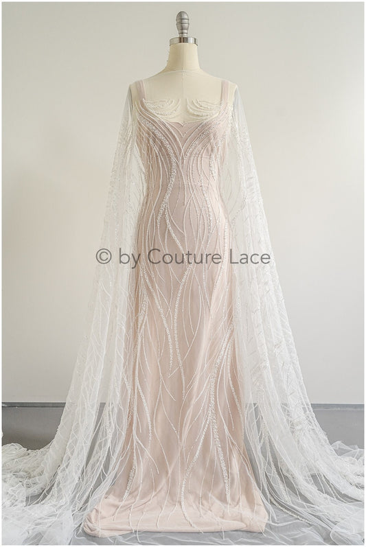 1.5yds Glitzerperlen Spitzenstoff mit Linien/ Couture Spitzenstoff mit Perlen/ Couture Spitzenstoff Off-White// L22-499-REST-1,5YDS