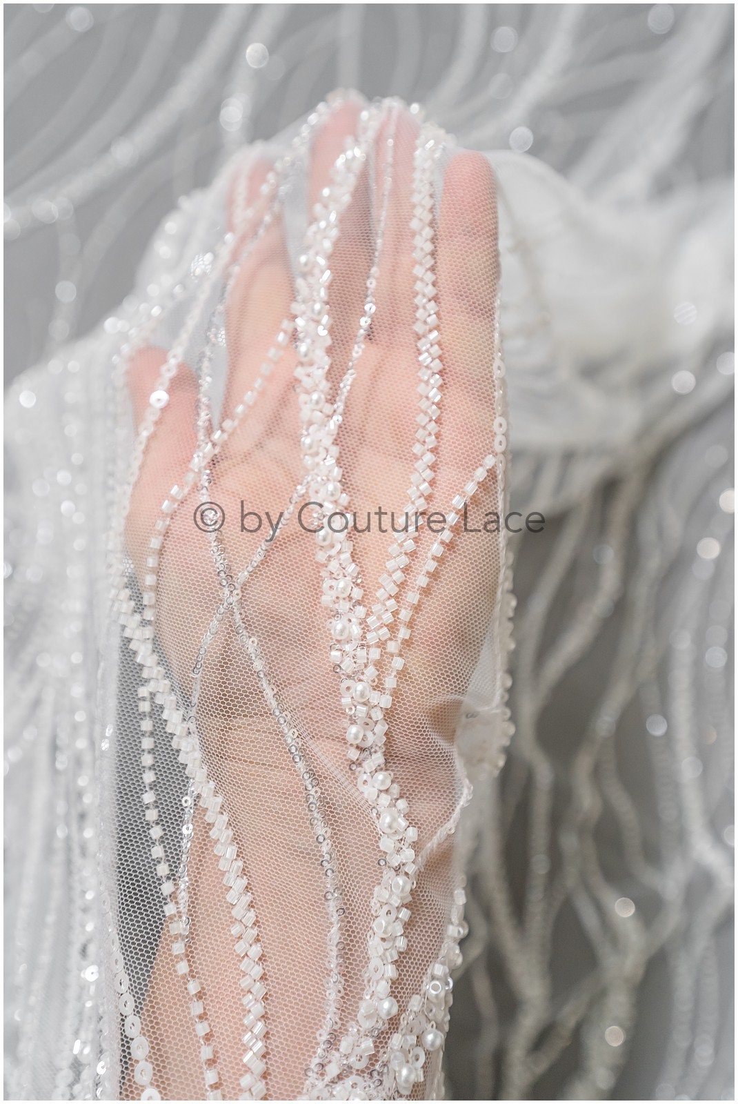 1.5yds Glitter Beaded Lace Fabric with Lines/ Couture Lace Fabric with Beads/ Couture Lace Fabric Off-White// L22-499 (Copy)