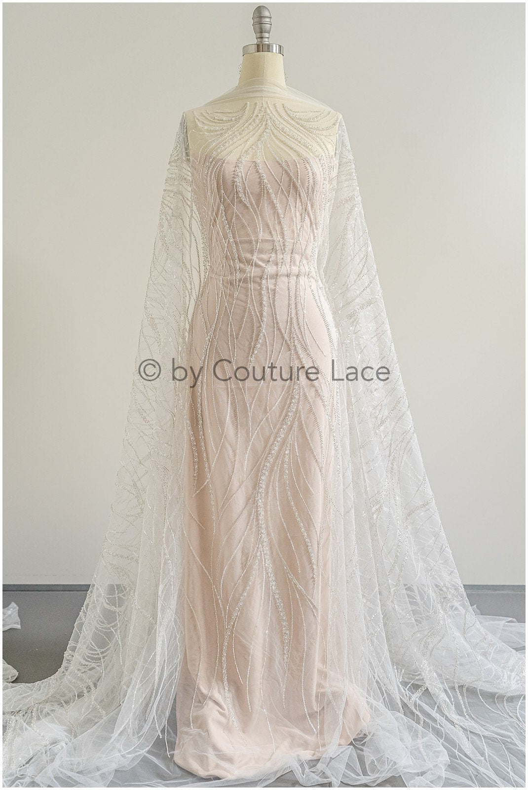 Glitter pearl lace fabric with lines/ Couture lace fabric with pearls/ Couture bridal lace fabric/ Pearl lace// L22-501