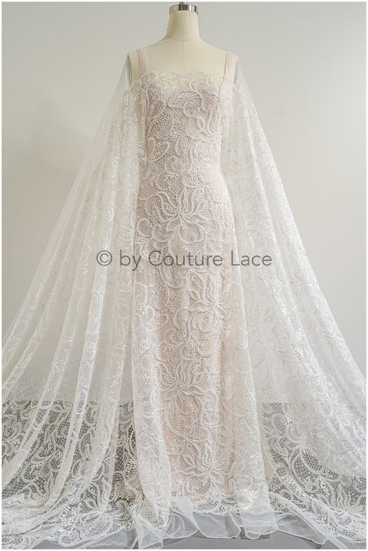 Perlen Spitzenstoff Off-White/ Couture Spitzenstoff/ Brautspitze Stoff mit Perlen/ Perlenspitze// L22-516