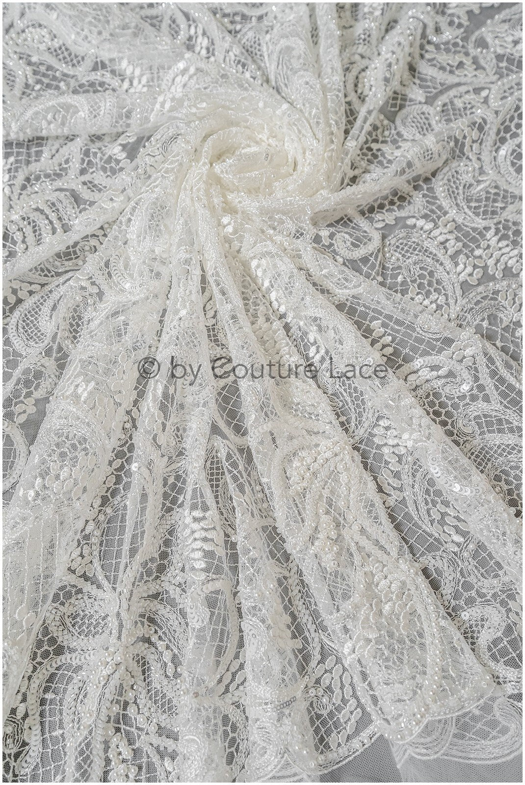 Perlen Spitzenstoff Off-White/ Couture Spitzenstoff/ Brautspitze Stoff mit Perlen/ Perlenspitze// L22-516
